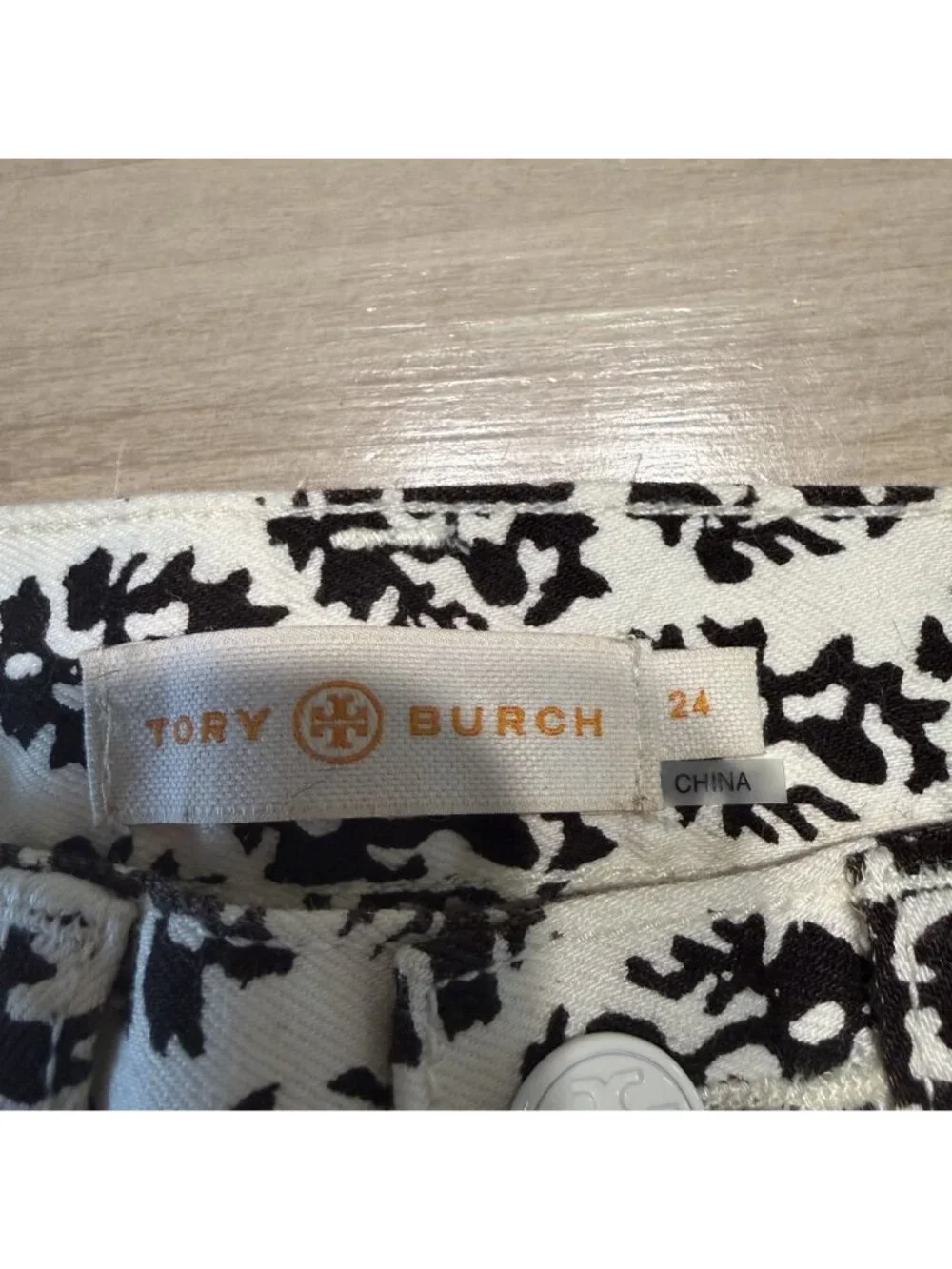 Tory Burch White Black Blue Printed Cotton Blend Straight Jeans Women's Size 24